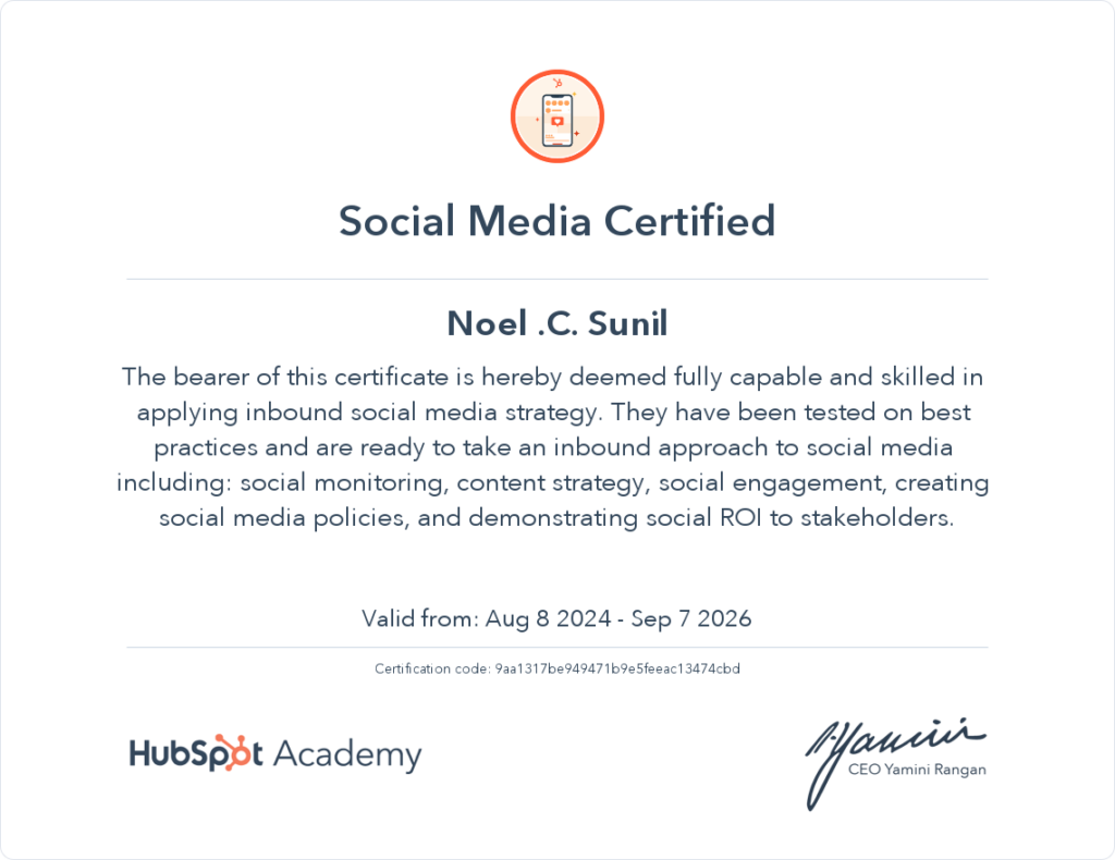 Noel C Sunil is the Top Best Hubspot Certified SMM Specialist in Pathanamthitta, Kerala