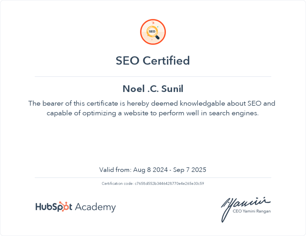 Noel C Sunil is the Top Best Hubspot Certified SEO Specialist in Pathanamthitta, Kerala