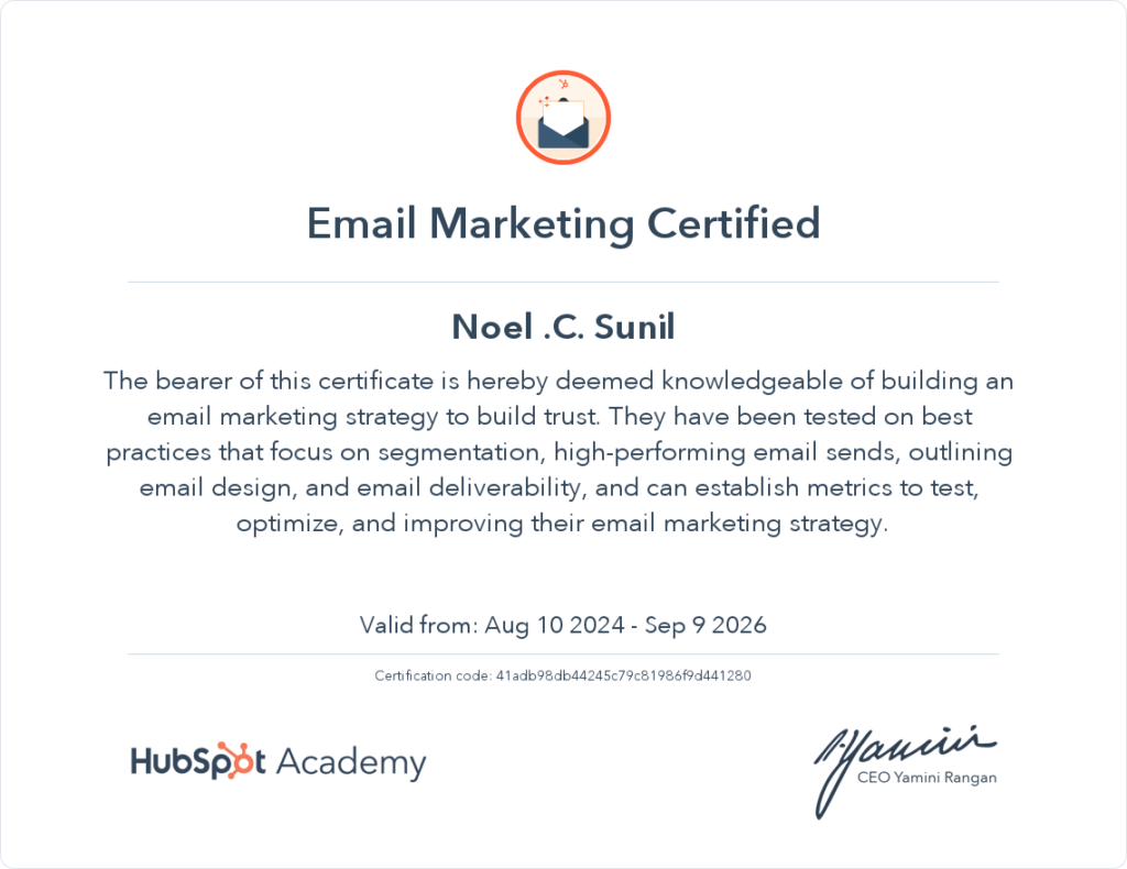 Hubspot certified Email Marketing Specialist in Pathanamthitta, Kerala